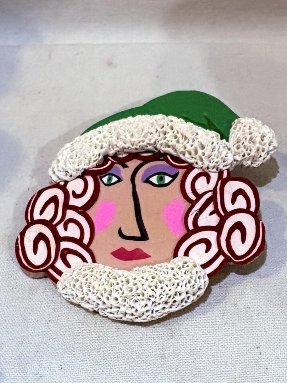 Hand Made Hand Painted Christmas Holiday Pin Brooch Lady in Christmas Hat